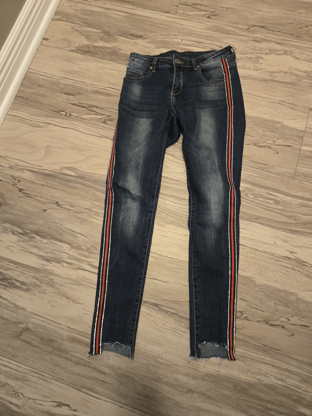 Dark Blue Women's Skinny Jeans with Red & White Side Stripe